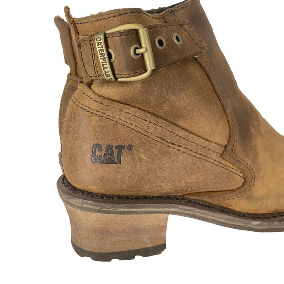 Caterpillar Brown Leather Work Boots Waterproof Moto Engineer Chunky Heel FLAW - Picture 7 of 14